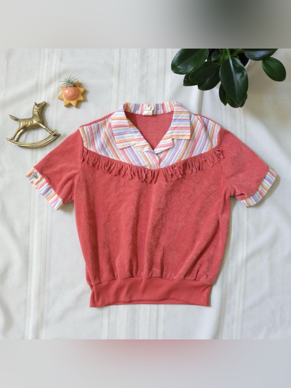 Coral terry cloth mix match western fringe top